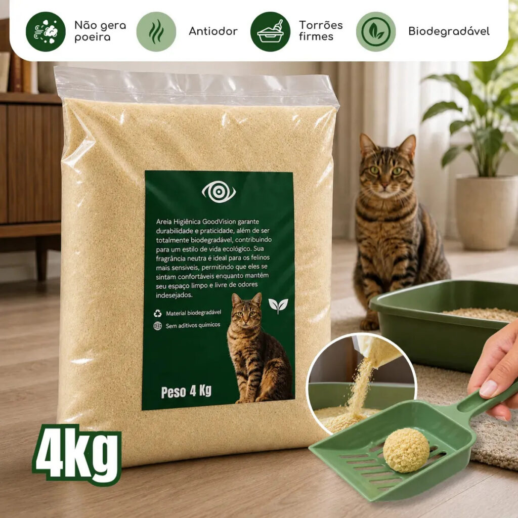 Areia Higiênica Para Gatos Feita de Mandioca e Milho Biodegradável Alta Absorção Baixo Odor 4kg – GoodVision