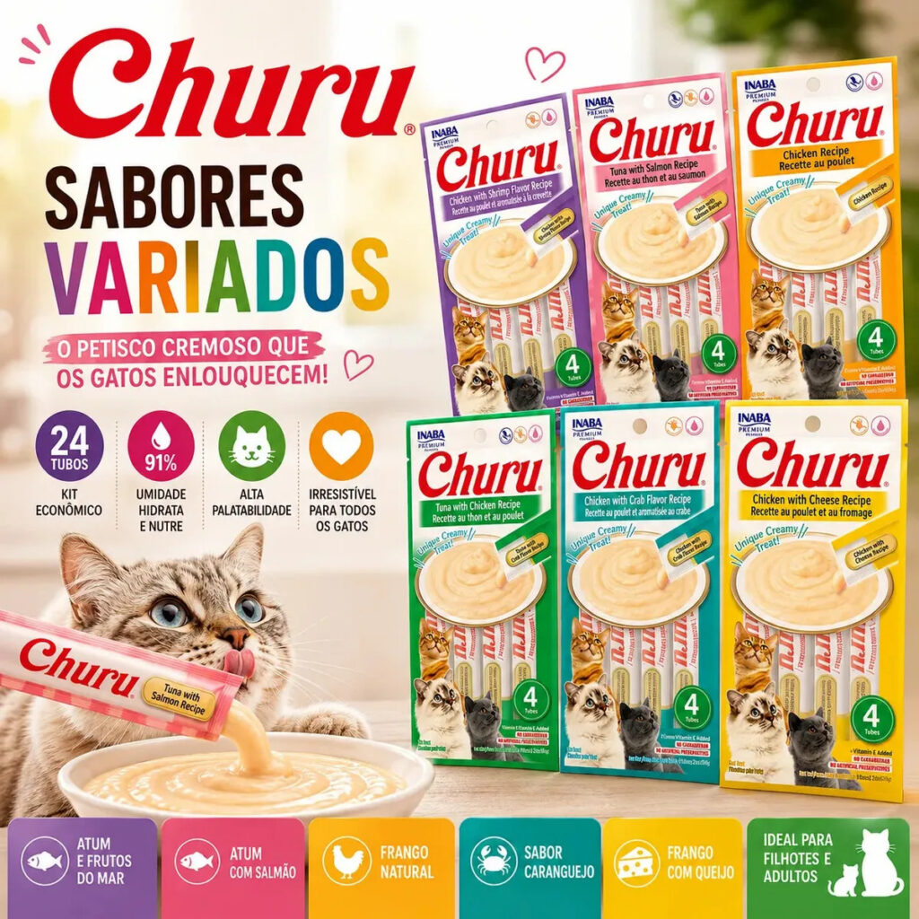 Churu para Gatos: Petisco Úmido com 6 Pacotes (24 Sachês) de Sabores Variados