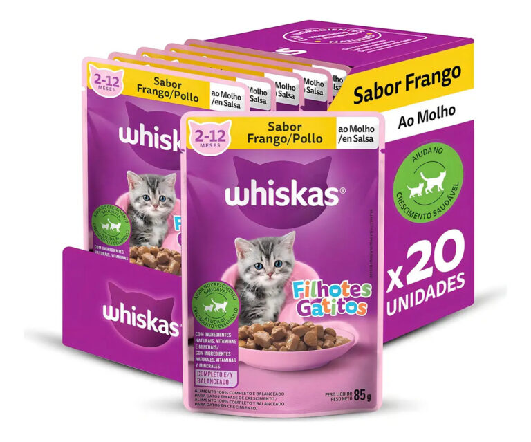 Pack 20 ração umida Whiskas gatos filhotes sachês sabor frango ao molho 85g